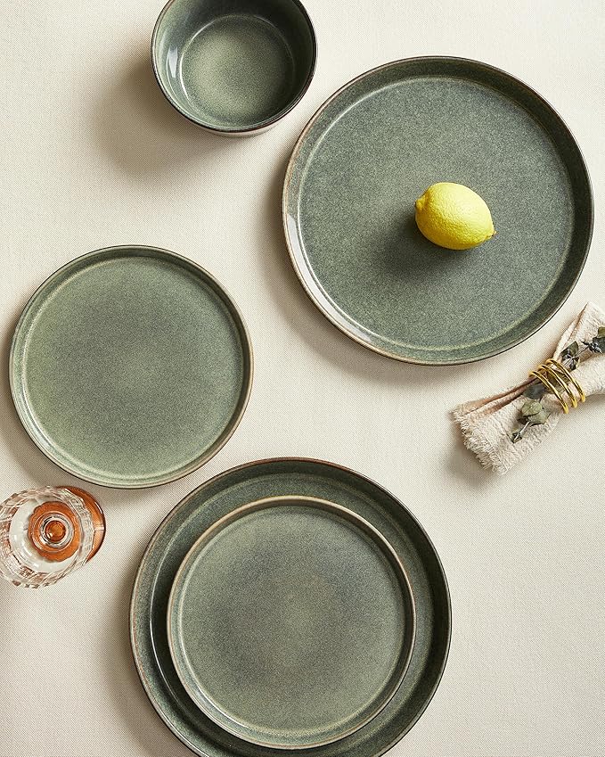 Dinnerware Sets, Microwave Safe Plates and Bowls Sets, Dishes Set for 8, Chip & Scratch Resistant Dinner Set, Handcrafted Farmhouse Dishware Sets, Green Wheat