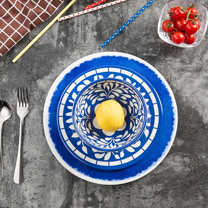 Melamine Dinnerware Set - 12 Pcs Dinner Dishes Set for 4, Plates and Bowls Set for Indoor & Outdoor Use- Dishwasher Safe, Unbreakable, Blue