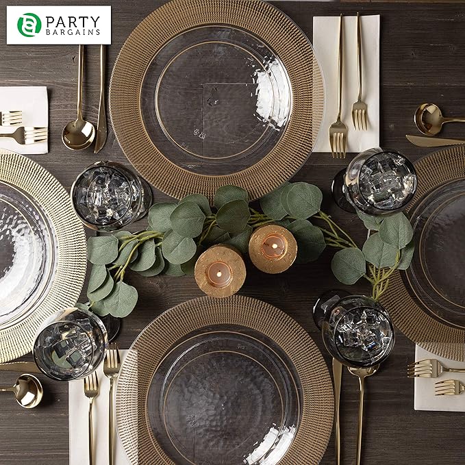 PARTY BARGAINS 13-Inch Charger Plates - 96 Pack, Clear Gold Textured Rim, Heavy-Duty Disposable Chargers for Elegant Dining - Ideal for Weddings and Formal Events