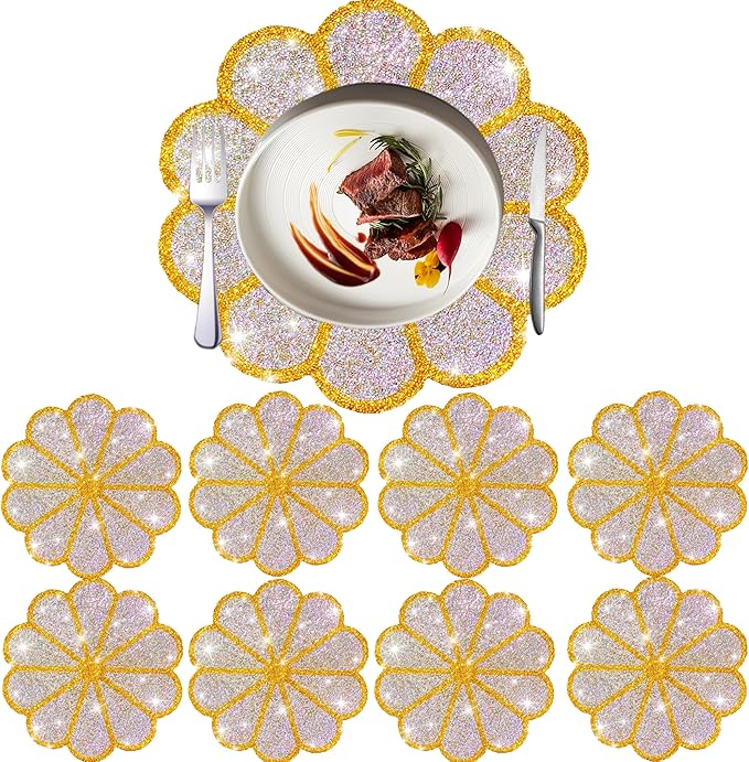 Washable Waterproof Diamond Circle Placemats for Round Tablescape Decor for Dinner and Kitchen Bling Placemats for Weddings & Special Events-8 PCS (Yellow)