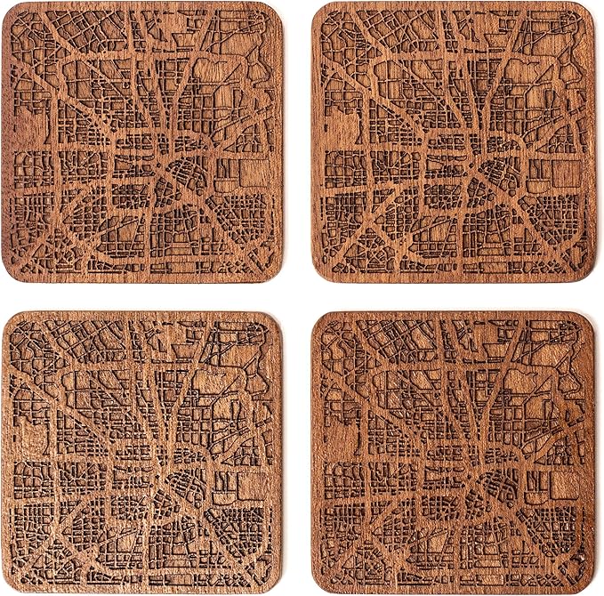 Houston Map Coaster by O3 Design Studio, Set Of 4, Sapele Wooden Coaster With City Map, Handmade