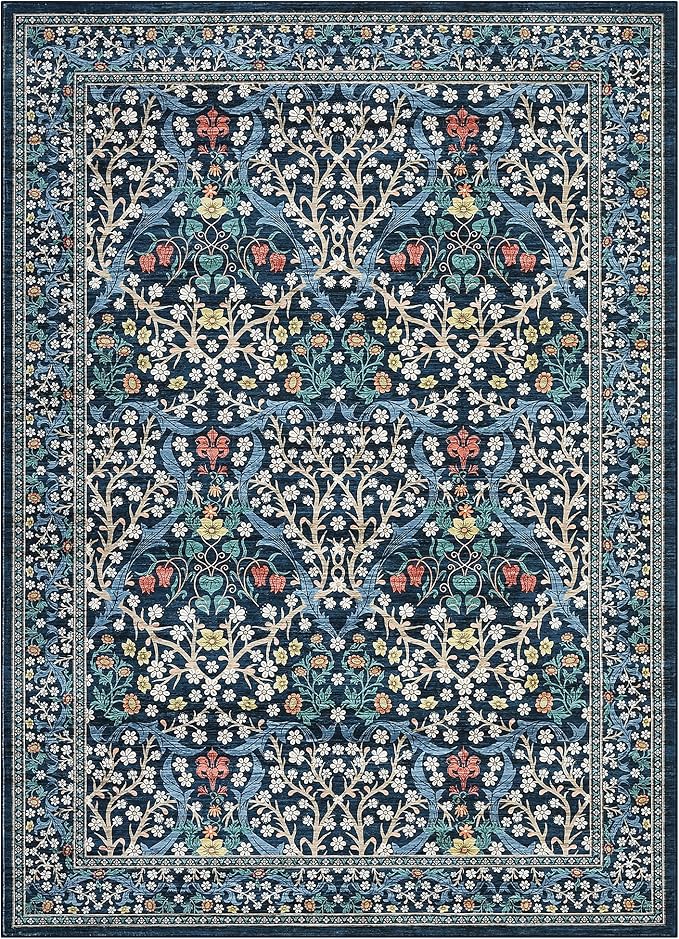 GarveeHome 8x10 Area Rugs, Washable Rugs for Living Room Non Slip Stain Resistant Ultra Soft Floral Rug, Boho Carpet Floor Mat for Bedroom Dining Room Nursery Playroom Office, Dark Blue