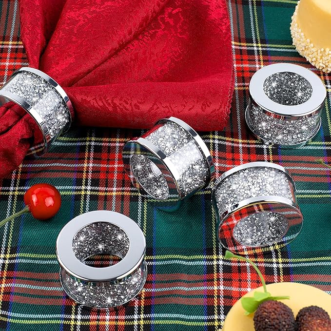 SHYFOY Silver Diamond Napkin Ring Set of 12 Pieces, Crystal Glass Framed Napkin Holder Ring, Dinning Cloth Decor for Dinner Party Tabletop Settings Glam Serviette Buckles Home Decor