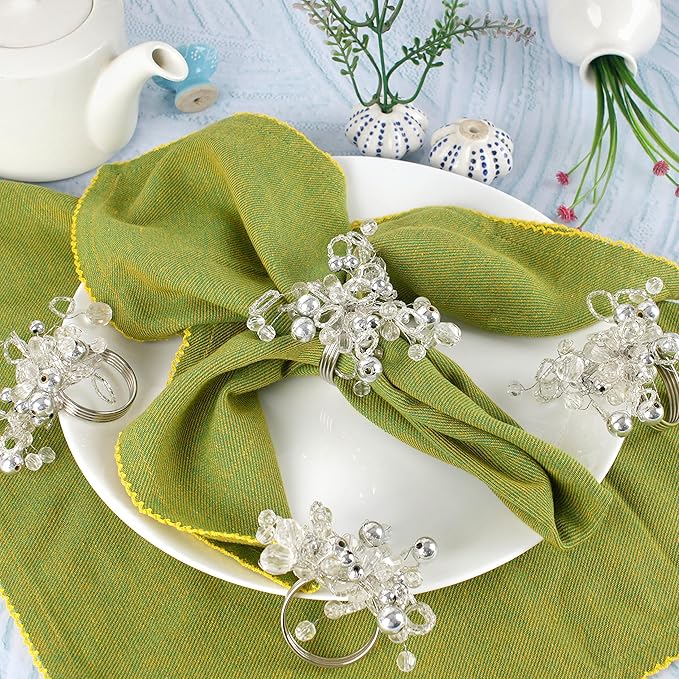 12 Pcs Decorative Beaded Napkin Rings - Elegant Napkin Ring Modern Cloth Napkin Holders for Table Kitchen Dinner Decor Party Wedding Special Occasion Everyday Use (Silver) - ALPHA Living HOME