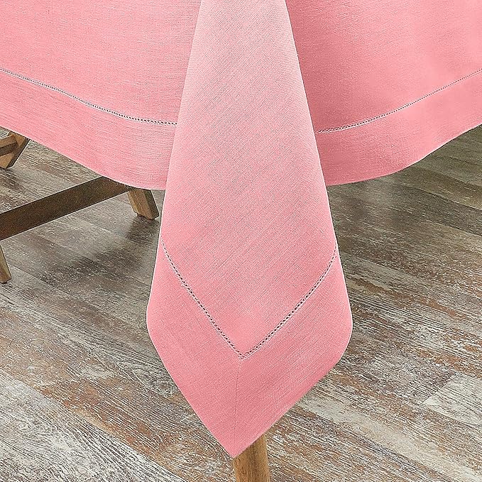 D'Moksha Homes Dusty Pink Linen Tablecloth 60 x 120 Inch - 100% Pure Linen Hemstitch Tablecloth for Rectangle Tables - Classic Hemstitch, Machine Washable Table Cloth for Valentines, Spring, Easter