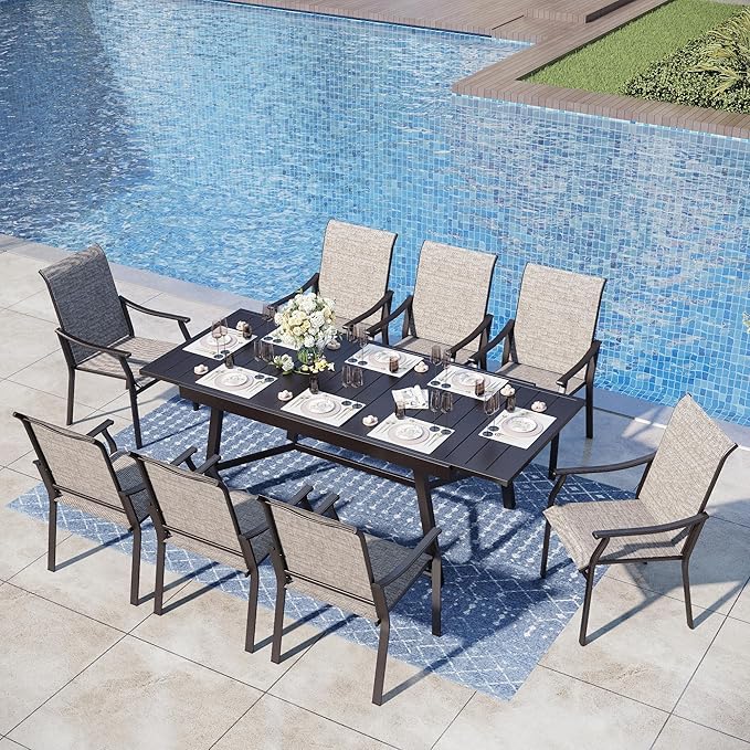 PHI VILLA Outdoor Dining Chairs Set of 8, Breathable Textilene Fabric and Metal Frame with Backrest and Armrest,Quick-Dry and Rustproof,Patio Chairs for Lawn,Garden