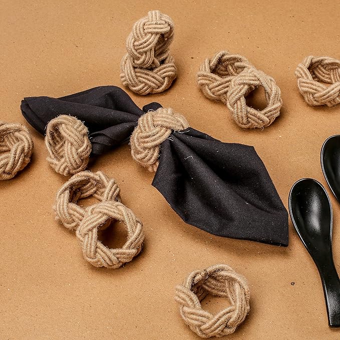 CLEENTABLE Farmhouse Napkin Rings Set of 12 - Nautical Woven Round Coastal Jute & Cotton Tabletop Decor for Weddings, Parties, Everyday Dining, Gifting - Easy to Clean (Brown)