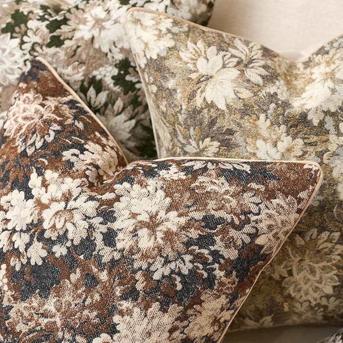 Yangest Neutral Floral Pillow Cover 12 x 20 Inches, Vintage Chenille Rectangle Throw Pillow Cover Soft Decorative Farmhouse Accent Couch Pillow Cover for Living Room Bedroom, Coffee Brown