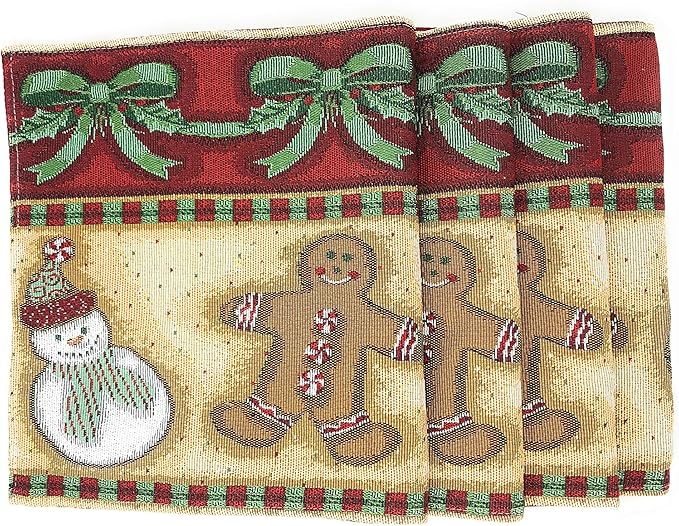 DaDa Bedding Gingerbread Snowman Sweets Placemats - Set of 4 Festive Christmas Wreath Holiday Tapestry - Cotton Linen Woven Dining Table Mats - 13” x 19” (12917)