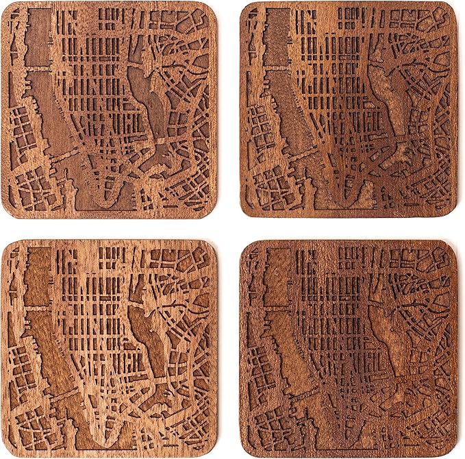 Manhattan, NY Map Coaster by O3 Design Studio, Set Of 4, Sapele Wooden Coaster With City Map, Handmade