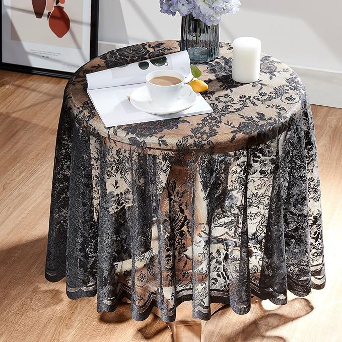 Warm Home Designs 120 Inch Round Tablecloth with English Rose Design. Use as Circle Tablecloth, Rustic or Elegant Lace Table Cloth. Black Table Cloth for 10-12 Guests. LTC Black 120