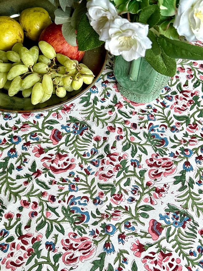 ATOSII Ambrosia 100% Cotton Rectangle Boho Spring Summer Tablecloth, Handblock Floral Table Cloth Linen for Kitchen Dining Parties Wedding Outdoors Easter Decor 60 X 108 Inches I 8 Seater