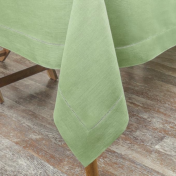 D'Moksha Homes Sage Green Linen Tablecloth for Rectangle Tables 60 x 102 Inch - Classic Hemstitch 100% Pure Linen Green Table Cloth - Machine Washable Dining Tablecloth for St Patricks Day, Easter