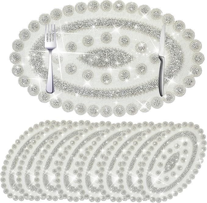 Sparkling Silver Diamond Placemats Bling Oval Place Mat Heat Elegant Table Decor for Weddings, Holidays, and Special Events (15x9 Inch)-8 PCS
