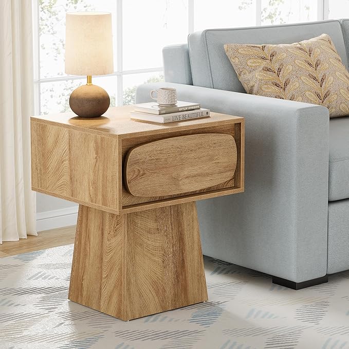 Tribesigns Side End Table Set of 2 with Storage Drawer for Living Room, Bedroom and Indoor Use, Modern Mid-Century Farmhouse Bed Side Table with Curved Handle, 2 Night Stand Easy Assembly Natural