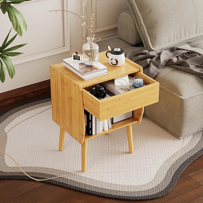 ZIYOO Nightstand with Drawer Open Shelf, Mid Century Modern Bedside Table, Small End Table for Living Room&Small Spaces, Bedroom, Natural Bamboo