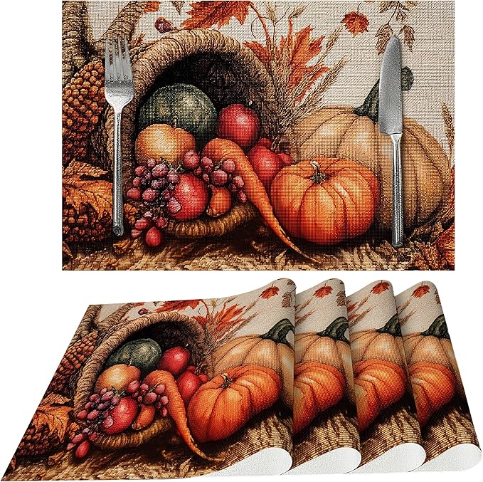 Thanksgiving Pumpkin Placemats Set of 4 Washable Table Place Mats for Dining Kitchen Party Decor