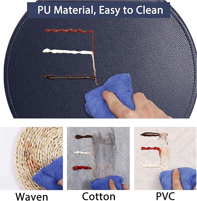 Jovono Navy Faux Leather Round Placemats and Coasters, Coffee Mats Kitchen Table Mats, Waterproof, Easy to Clean for Round Table, Dining Table