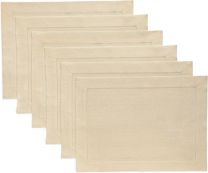 Solino Home Linen Cloth Placemats Set of 6-100% Pure Linen Hemstitch Beige Placemats 14 x 19 Inch - Classic Hemstitch Table Place Mats for Spring, Easter