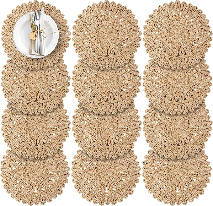 13.8" Corn Husk Woven Round Placemats Set of 12 - Wicker Boho Farmhouse Placemats - Rattan Table Mats Like Water Hyacinth for Dining Table, Wedding, Home, Christmas, Party