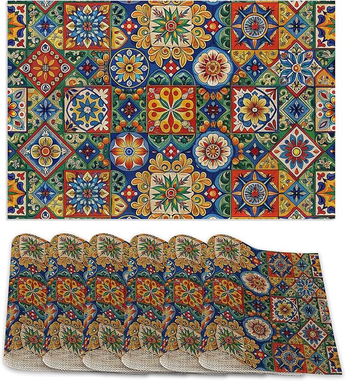 Mexican Tile Placemats Set of 6,Geometric Floral Table Mates Non-Slip Heat Resistant Washable Linen Place Mats for Party Kitchen Dining Decoration Indoor Outdoor 12"x18"