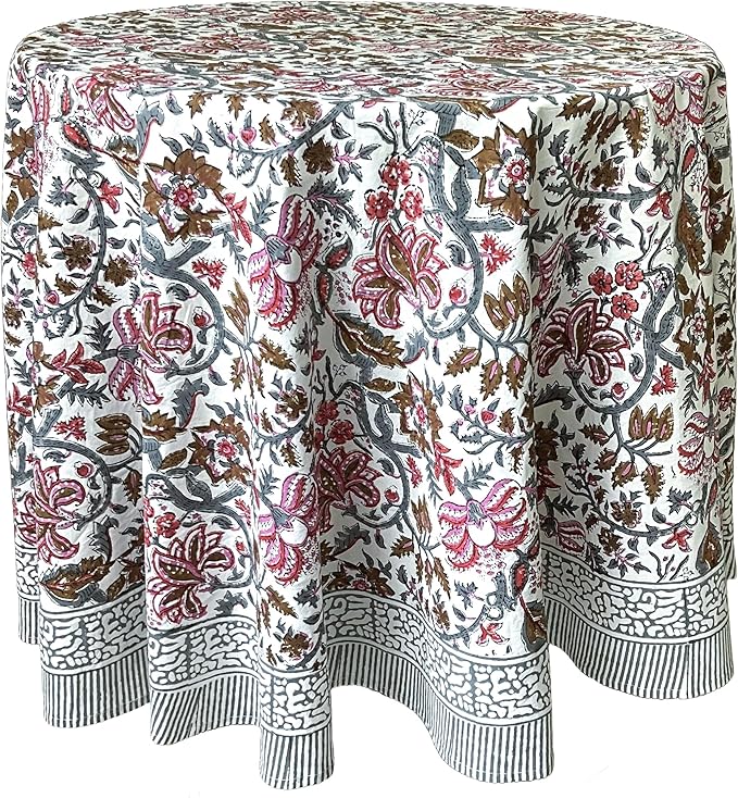 ATOSII Eden Multicolor 100% Cotton Round Tablecloth, Handblock Print Floral Table Cloth for Kitchen Dining Linen I Parties, Weddings, Outdoors, Holidays I Fall Home Decor 90" Inches Round