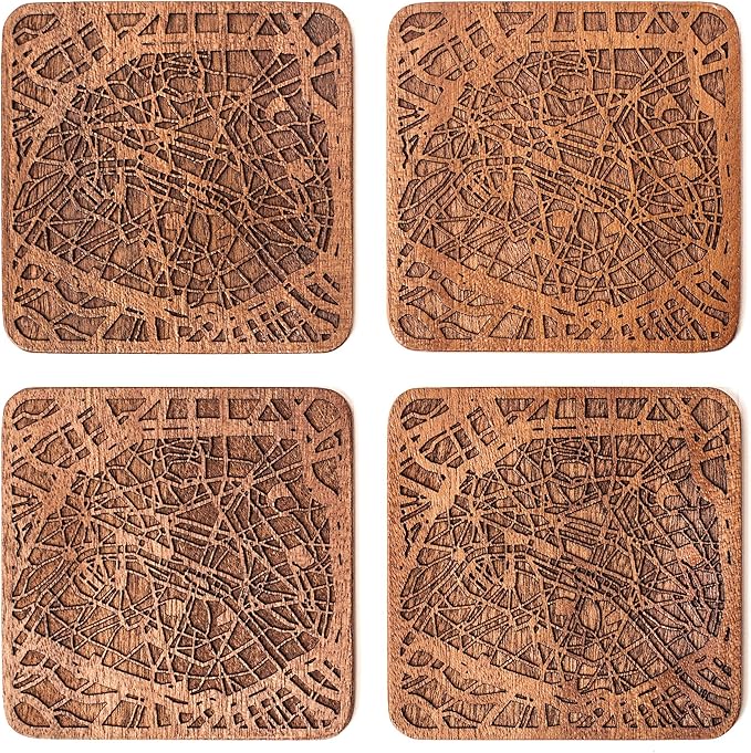 Paris Map Coaster by O3 Design Studio, Set Of 4, Sapele Wooden Coaster With City Map, Handmade