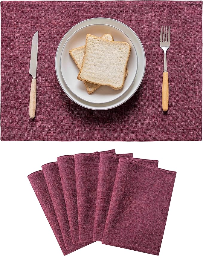 Home Brilliant Red Placemats for Holiday Linen Placemats Heat Resistant Dining Table Mats Kitchen Place Mats Dinner Valentine's Day Decor, Set of 6, Wine Red