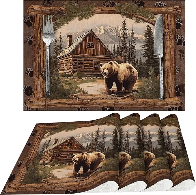 Bear Placemats Set of 4 Washable Table Place Mats for Dining Kitchen Party Decor