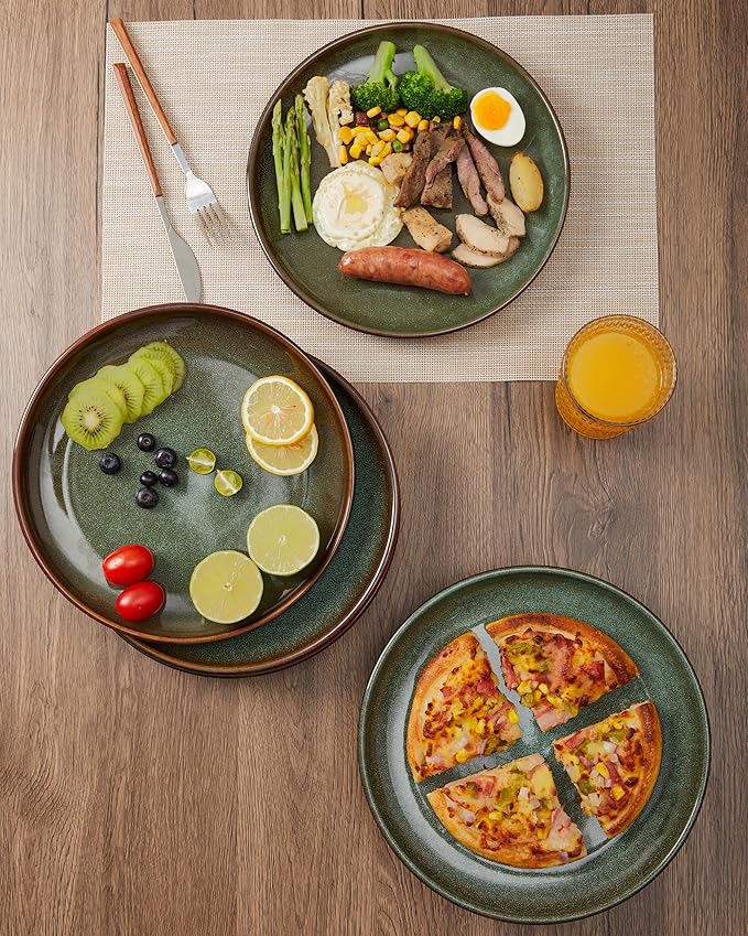 Ceramic Dinner Plates Set of 6, 10 Inch Handmade Reactive Glaze Stoneware Plates, Modern Rustic Dinnerware, Microwave & Dishwasher Safe, Scratch Resistant-Brown and Green