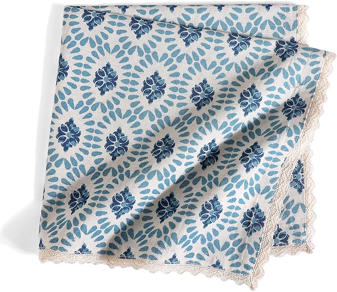 FINGERCRAFT Dinner Cloth Napkin Cotton Linen Blend 4 Pack Mitered Corners with Elegant Lace for Everyday Use Napkins are Pre Shrunk and Good Absorbency (Moroccan, 20in x 20in)