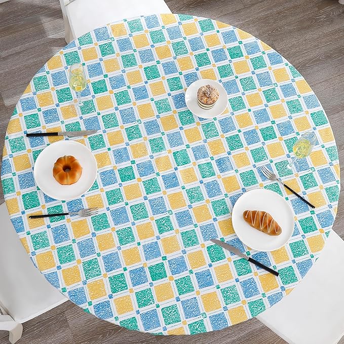 Walrus Round Vinyl Fitted Tablecloth with Flannel Backing Elastic Edge Design Table Cover Waterproof Oil-Proof PVC Table Cloth Stain-Resistant Best for 45"-56" Round