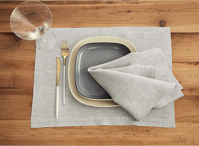 Solino Home Linen Placemats Set of 6 - Oyster Grey Placemats 14 x 19 Inch - 100% Pure Linen Table Mats for Spring, Easter - Athena