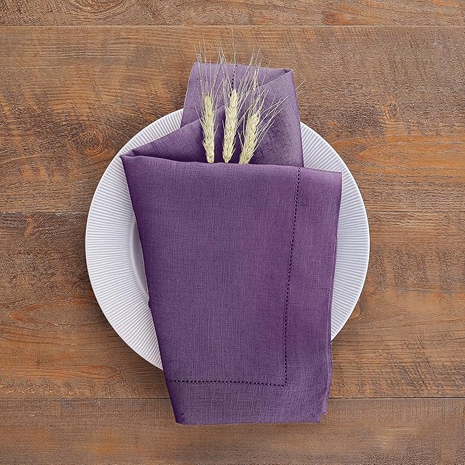 Solino Home Purple Linen Napkins Set of 6-100% Pure Linen Hemstitch Dinner Napkins 20 x 20 Inch for Valentines, Spring, Easter - Classic Hemstitch