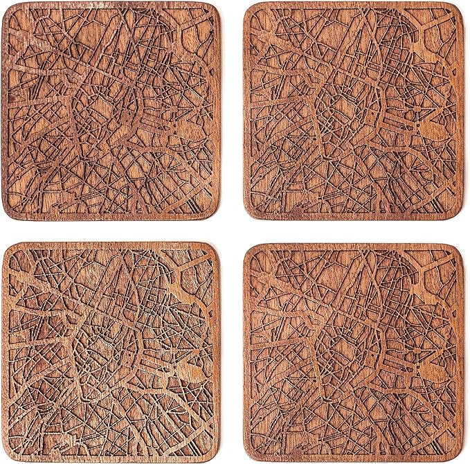 Brussels Map Coaster by O3 Design Studio, Set Of 4, Sapele Wooden Coaster With City Map, Handmade