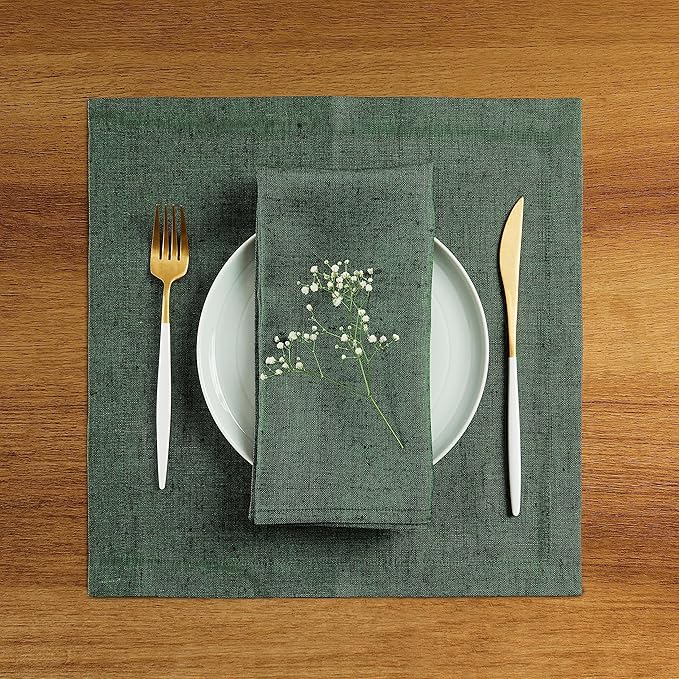 Solino Home Linen Square Placemats Set of 4 - Forest Green Placemats 14 x 14 Inch - 100% Pure Linen Table Mats for Winter, Easter, St Patricks Day - Athena